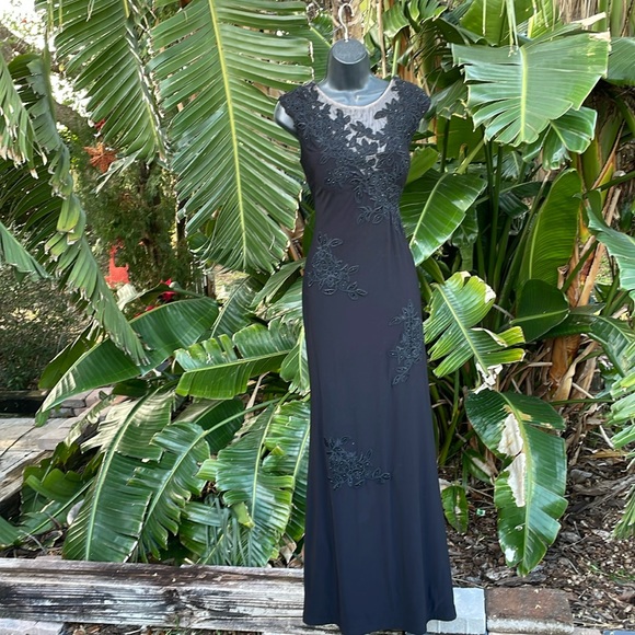 Xscape  illusion mesh , and beaded lace gown - Picture 3 of 10